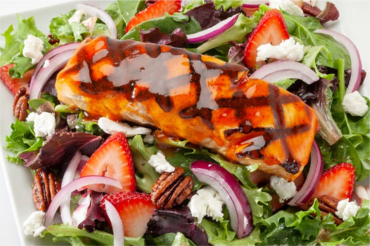 Strawberry And Goat Cheese Salad with Spicy Peach Glazed Salmon thumbnail